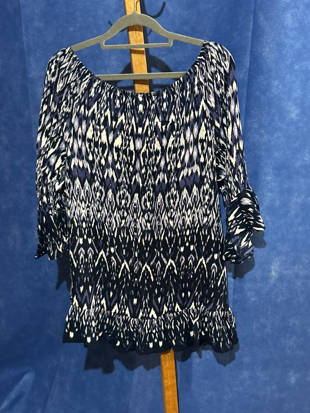 Women’s Navy and White Ikat-Print Peasant Tunic